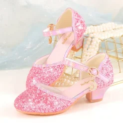 Girls' Sparkly Glitter Dress Shoes – White Mary Jane Heels with Moon Charm Strap for Weddings, Parties, and Formal Events