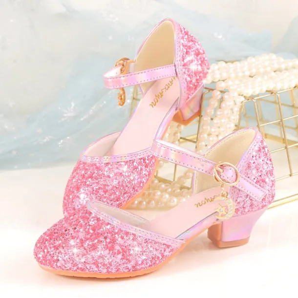 Girls' Sparkly Glitter Dress Shoes – White Mary Jane Heels with Moon Charm Strap for Weddings, Parties, and Formal Events