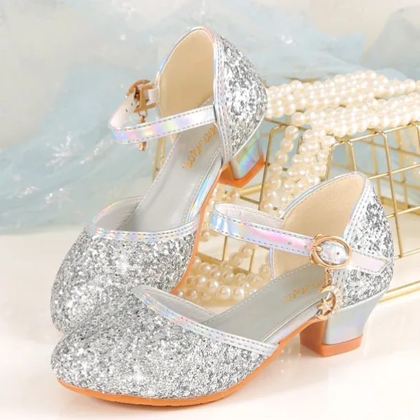 Girls' Sparkly Glitter Dress Shoes – White Mary Jane Heels with Moon Charm Strap for Weddings, Parties, and Formal Events