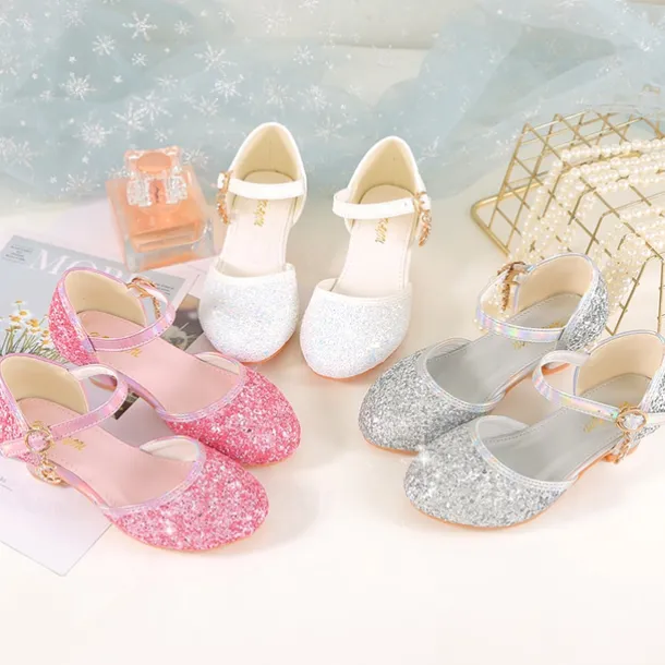 Girls' Sparkly Glitter Dress Shoes – White Mary Jane Heels with Moon Charm Strap for Weddings, Parties, and Formal Events