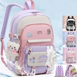 Girls' Waterproof School Backpack with Cute Bear Pendant and Cartoon Patches – Lightweight Bookbag for Elementary or Middle School Students