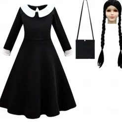 Girls' Wednesday Addams Outfit Black Dress Bag Wig For Kid's Teen Addams Family Wednesday Dress World Book Day Cosplay Costume Little Black Dress 110cm-160cm