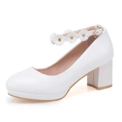 Girls' White Block Heel Dress Shoes with Daisy Flower Ankle Strap - Cute Formal Mary Jane Pumps for Special Occasions