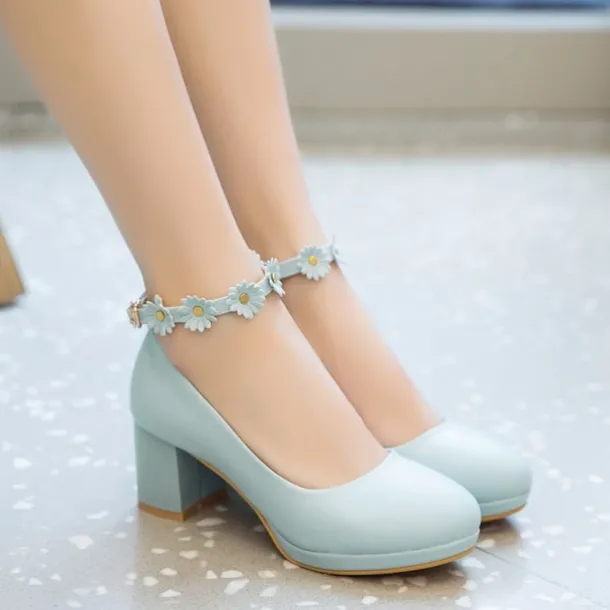 Girls' White Block Heel Dress Shoes with Daisy Flower Ankle Strap - Cute Formal Mary Jane Pumps for Special Occasions