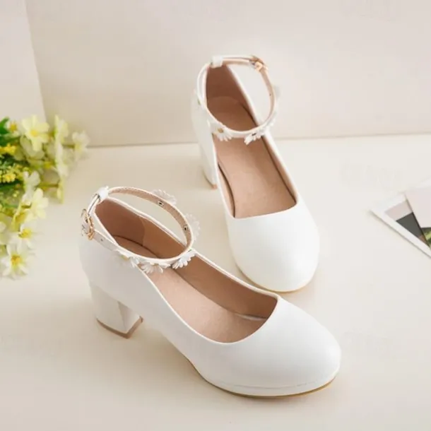 Girls' White Block Heel Dress Shoes with Daisy Flower Ankle Strap - Cute Formal Mary Jane Pumps for Special Occasions