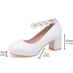 Girls' White Block Heel Dress Shoes with Daisy Flower Ankle Strap - Cute Formal Mary Jane Pumps for Special Occasions