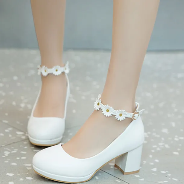 Girls' White Block Heel Dress Shoes with Daisy Flower Ankle Strap - Cute Formal Mary Jane Pumps for Special Occasions