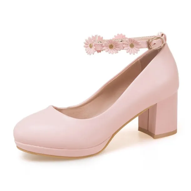 Girls' White Block Heel Dress Shoes with Daisy Flower Ankle Strap - Cute Formal Mary Jane Pumps for Special Occasions