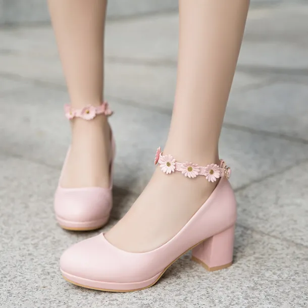 Girls' White Block Heel Dress Shoes with Daisy Flower Ankle Strap - Cute Formal Mary Jane Pumps for Special Occasions