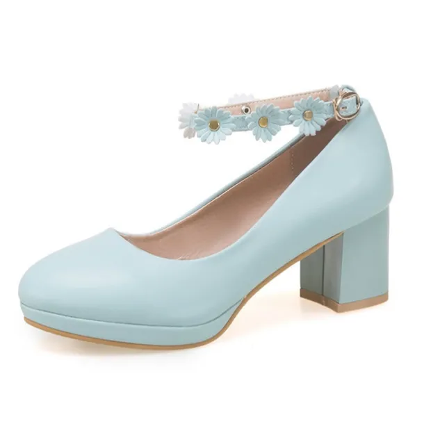 Girls' White Block Heel Dress Shoes with Daisy Flower Ankle Strap - Cute Formal Mary Jane Pumps for Special Occasions