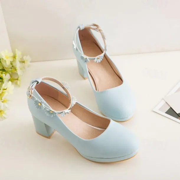 Girls' White Block Heel Dress Shoes with Daisy Flower Ankle Strap - Cute Formal Mary Jane Pumps for Special Occasions