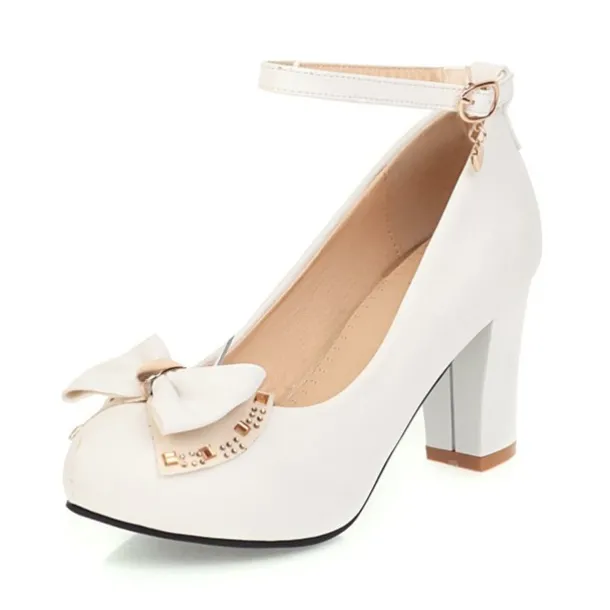 Girls' White Block Heel Dress Shoes – Round Toe Pumps with Bow & Ankle Strap for Wedding, Party & Formal Occasions