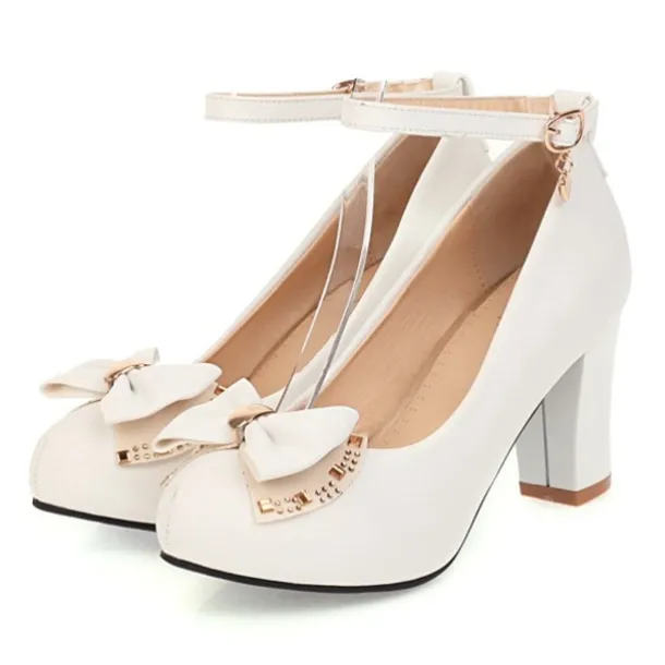 Girls' White Block Heel Dress Shoes – Round Toe Pumps with Bow & Ankle Strap for Wedding, Party & Formal Occasions