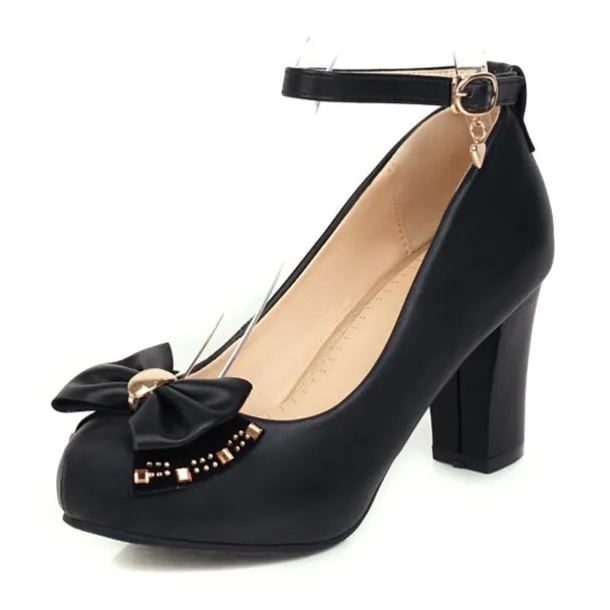 Girls' White Block Heel Dress Shoes – Round Toe Pumps with Bow & Ankle Strap for Wedding, Party & Formal Occasions