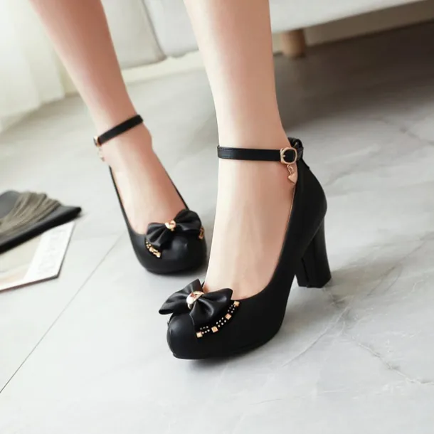 Girls' White Block Heel Dress Shoes – Round Toe Pumps with Bow & Ankle Strap for Wedding, Party & Formal Occasions