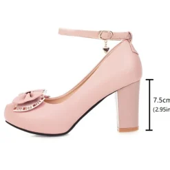 Girls' White Block Heel Dress Shoes – Round Toe Pumps with Bow & Ankle Strap for Wedding, Party & Formal Occasions