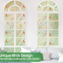 Glass Window Film Cartoon Twig Bird Frosted Static Privacy Decoration Self Adhesive for UV Blocking Heat Control Glass Window Stickers 100X45CM
