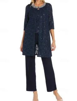 Glitter Lace Jumpsuit / Pantsuit 3 Piece Mother of the Bride Pantsuit Simple Minimalist Sparkle & Shine Crew Neck Ankle Length Lace Sleeveless Half Sleeve with Pearls Beading