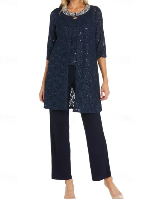 Glitter Lace Jumpsuit / Pantsuit 3 Piece Mother of the Bride Pantsuit Simple Minimalist Sparkle & Shine Crew Neck Ankle Length Lace Sleeveless Half Sleeve with Pearls Beading