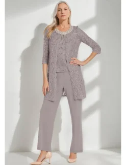 Glitter Lace Jumpsuit / Pantsuit 3 Piece Mother of the Bride Pantsuit Simple Minimalist Sparkle & Shine Crew Neck Ankle Length Lace Sleeveless Half Sleeve with Pearls Beading