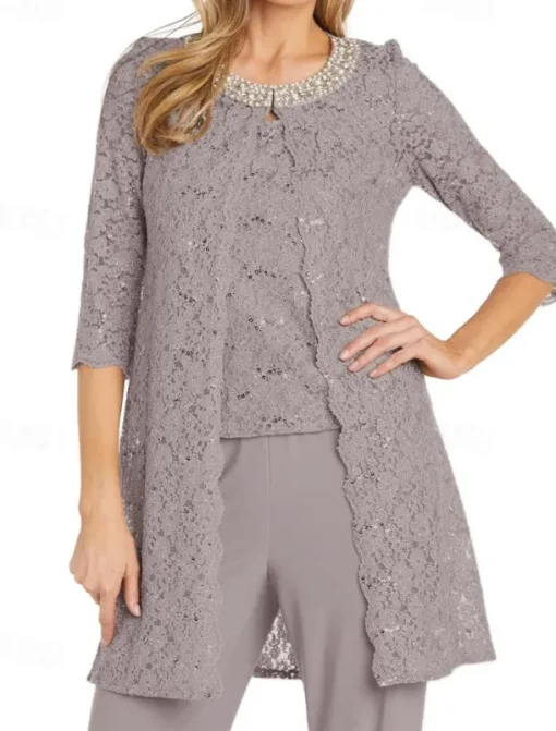 Glitter Lace Jumpsuit / Pantsuit 3 Piece Mother of the Bride Pantsuit Simple Minimalist Sparkle & Shine Crew Neck Ankle Length Lace Sleeveless Half Sleeve with Pearls Beading