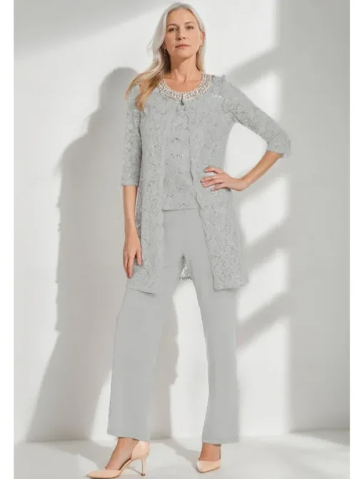Glitter Lace Jumpsuit / Pantsuit 3 Piece Mother of the Bride Pantsuit Simple Minimalist Sparkle & Shine Crew Neck Ankle Length Lace Sleeveless Half Sleeve with Pearls Beading
