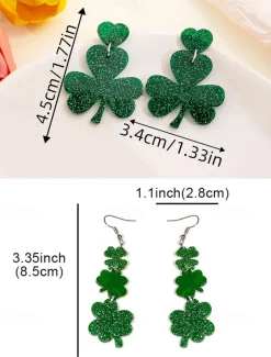 Glitter Shamrock Drop Earrings – Festive St. Patrick's Day Jewelry for Women, Lightweight Dangle Design for Celebrations and Everyday Wear
