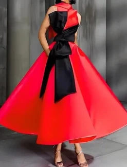 Gold Black A-Line Cocktail Dresses Elegant Dress Formal Wedding Ankle Length Sleeveless Crew Neck Pocket Satin with Bow(s) Beading
