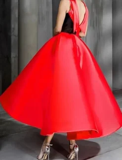 Gold Black A-Line Cocktail Dresses Elegant Dress Formal Wedding Ankle Length Sleeveless Crew Neck Pocket Satin with Bow(s) Beading