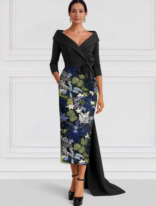 Gold Black A-Line Evening Gown Elegant Dress Formal Wedding Floor Length Half Sleeve Shirt Collar Satin with Slit Embroidery