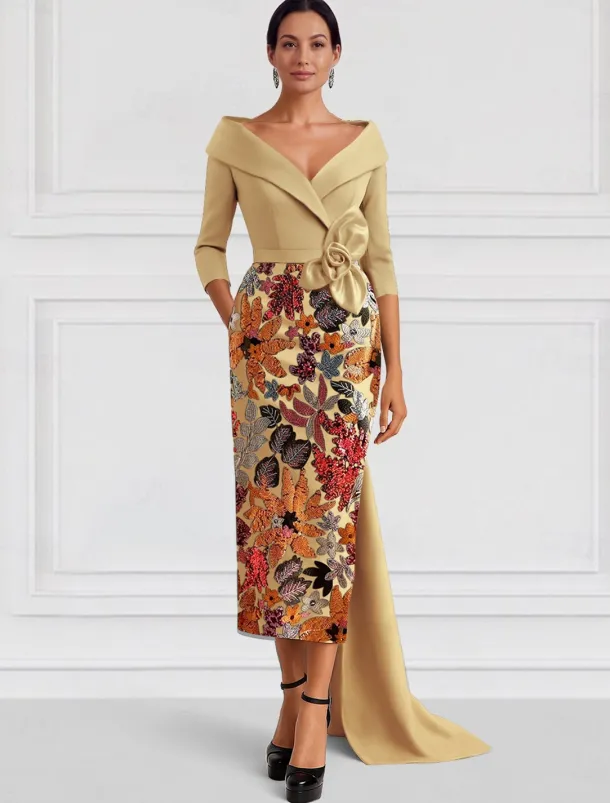 Gold Black A-Line Evening Gown Elegant Dress Formal Wedding Floor Length Half Sleeve Shirt Collar Satin with Slit Embroidery