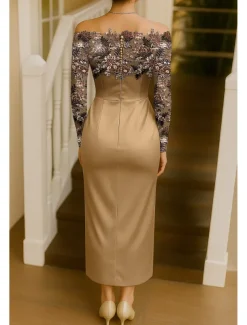 Gold Floral Embroidered Lace Applique Sheath / Column Cocktail Dresses with Detachable Cape Elegant Dress Formal Wedding Tea Length Sleeveless Strapless Long Sleeve 2025