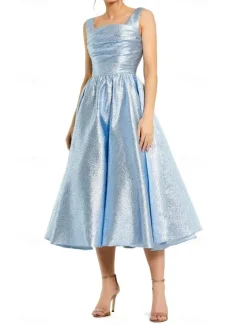 Gold Jacquard Evening Gown A-Line Cocktail Dresses Elegant Dress Formal Wedding Tea Length Sleeveless Square Neck with Pleats Ruched Wedding Guest Dress
