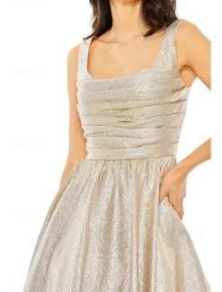 Gold Jacquard Evening Gown A-Line Cocktail Dresses Elegant Dress Formal Wedding Tea Length Sleeveless Square Neck with Pleats Ruched Wedding Guest Dress