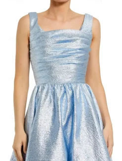 Gold Jacquard Evening Gown A-Line Cocktail Dresses Elegant Dress Formal Wedding Tea Length Sleeveless Square Neck with Pleats Ruched Wedding Guest Dress