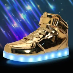 Gold LED Light-Up High-Top Sneakers for Kids and Men with Colorful Sole, Adjustable Strap, and Shiny Finish