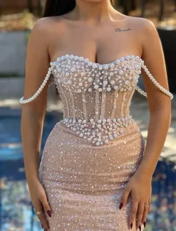 Gold Mermaid / Trumpet Evening Gown Drop Waist Corset Dress Formal Semi Formal Wedding Floor Length Sleeveless Sweetheart Tulle with Glitter Pearls Sequin
