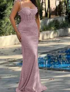 Gold Mermaid / Trumpet Evening Gown Drop Waist Corset Dress Formal Semi Formal Wedding Floor Length Sleeveless Sweetheart Tulle with Glitter Pearls Sequin