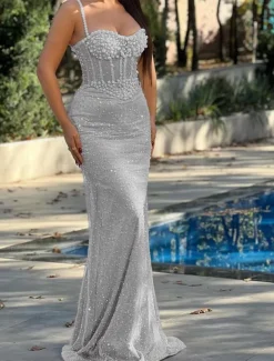Gold Mermaid / Trumpet Evening Gown Drop Waist Corset Dress Formal Semi Formal Wedding Floor Length Sleeveless Sweetheart Tulle with Glitter Pearls Sequin