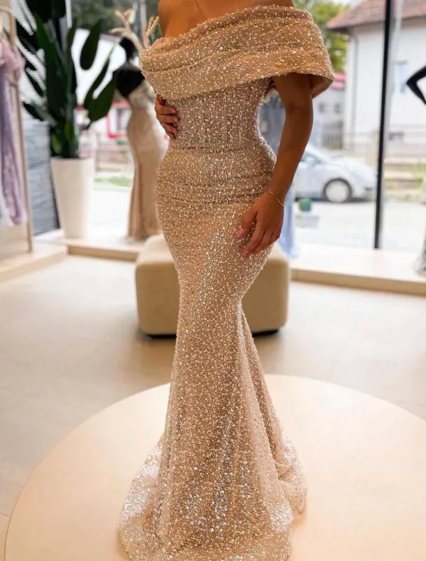 Gold Mermaid Sequined Evening Gown Elegant Dress Formal Floor Length Sleeveless Off Shoulder Masquerade Dress