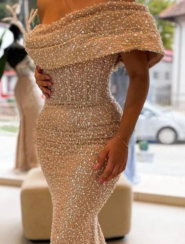 Gold Mermaid Sequined Evening Gown Elegant Dress Formal Floor Length Sleeveless Off Shoulder Masquerade Dress