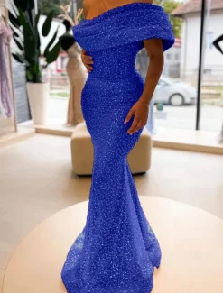 Gold Mermaid Sequined Evening Gown Elegant Dress Formal Floor Length Sleeveless Off Shoulder Masquerade Dress