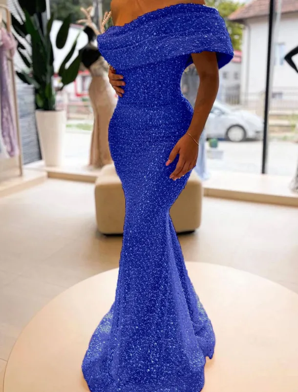 Gold Mermaid Sequined Evening Gown Elegant Dress Formal Floor Length Sleeveless Off Shoulder Masquerade Dress