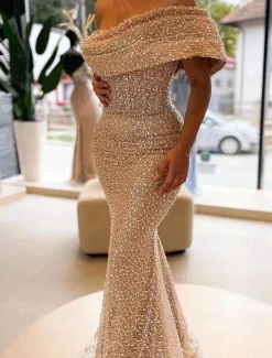 Gold Mermaid Sequined Evening Gown Elegant Dress Formal Floor Length Sleeveless Off Shoulder Masquerade Dress