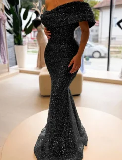 Gold Mermaid Sequined Evening Gown Elegant Dress Formal Floor Length Sleeveless Off Shoulder Masquerade Dress