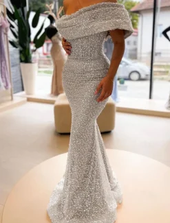 Gold Mermaid Sequined Evening Gown Elegant Dress Formal Floor Length Sleeveless Off Shoulder Masquerade Dress