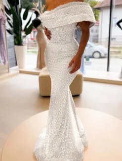 Gold Mermaid Sequined Evening Gown Elegant Dress Formal Floor Length Sleeveless Off Shoulder Masquerade Dress