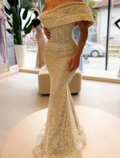 Gold Mermaid Sequined Evening Gown Elegant Dress Formal Floor Length Sleeveless Off Shoulder Masquerade Dress
