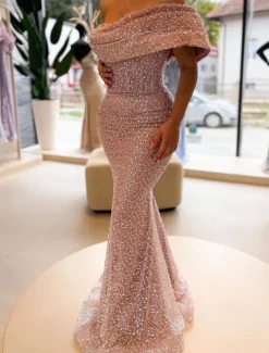 Gold Mermaid Sequined Evening Gown Elegant Dress Formal Floor Length Sleeveless Off Shoulder Masquerade Dress