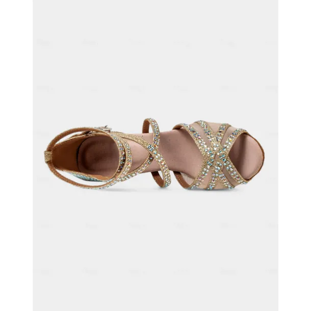 Gold Rhinestone Strappy Ballroom Dance Heels with Double Buckle Straps - Performance Shoes for Women